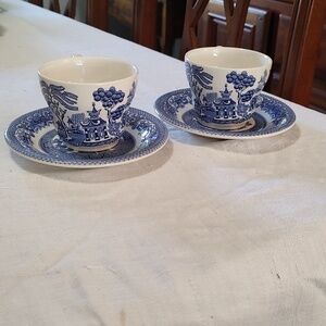 Vintage Set Of 2 English Ironstone Cup And Saucer Blue Willow England